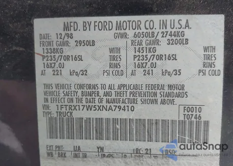 1999 Ford F150 z USA, uszkodzony, nr VIN 1FTRX17W5XNA79410